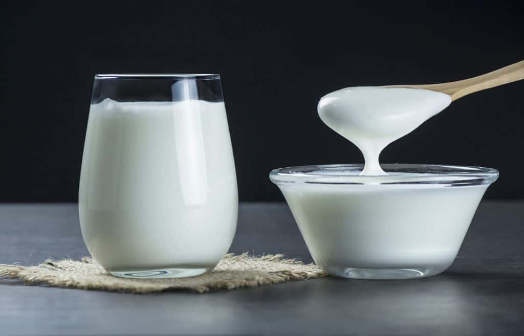 Glass cup of Turkish traditional drink ayran , kefir or buttermilk made from yogurt, homemade yoghurt in glass bowl