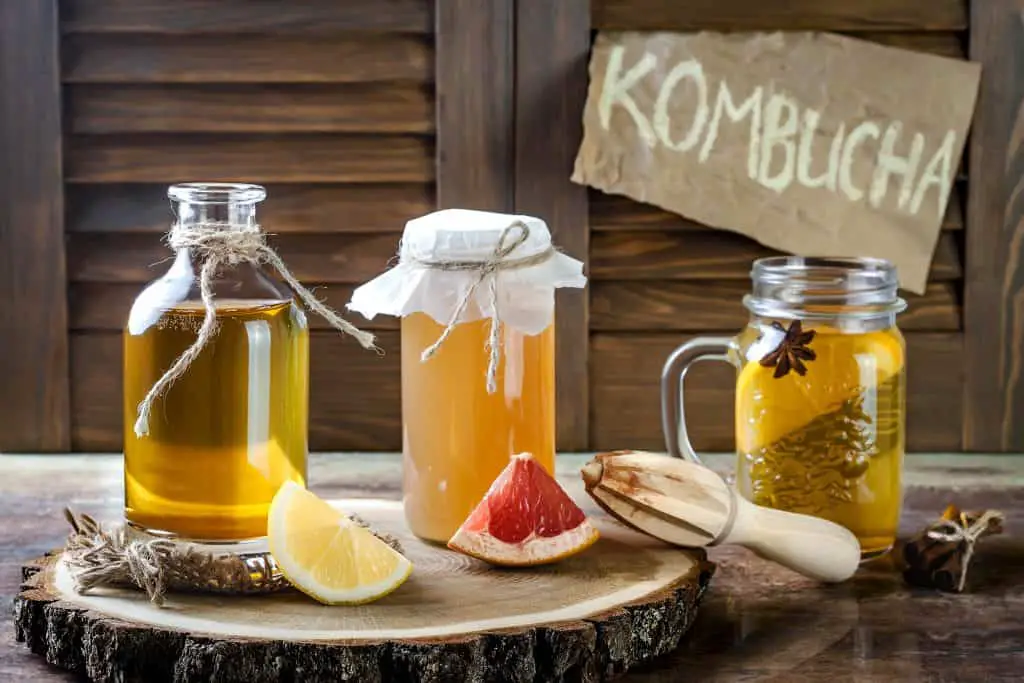 Homemade fermented raw kombucha tea with different flavourings. Healthy natural probiotic flavoured drink.