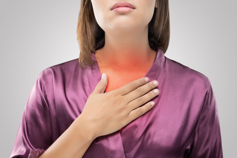 Woman suffering from the symptoms of acid reflux or heartburn